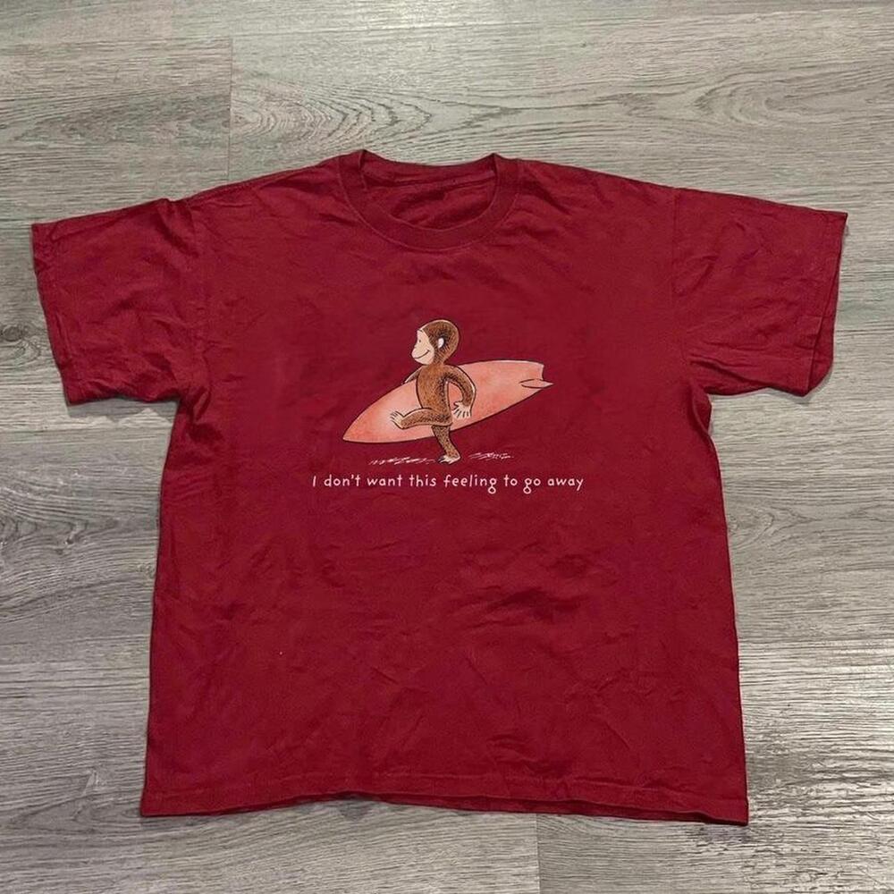 Red Graphic Tee With Monkey Surfing Design